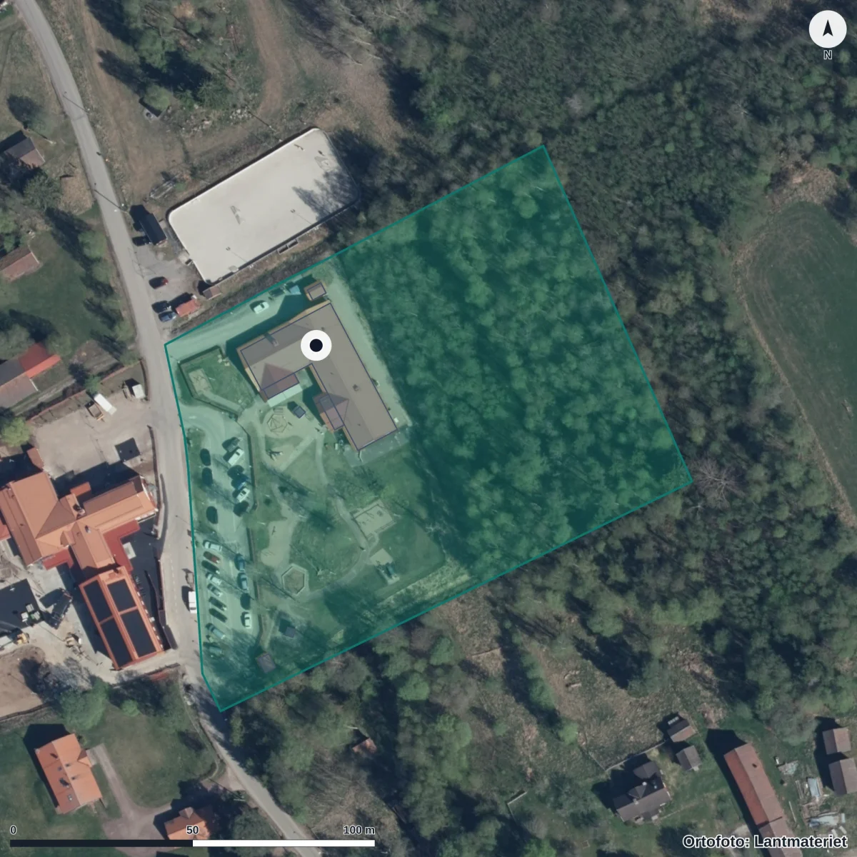 Flygbild över Västra Söderås Förskola, ortofoto från Lantmäteriet