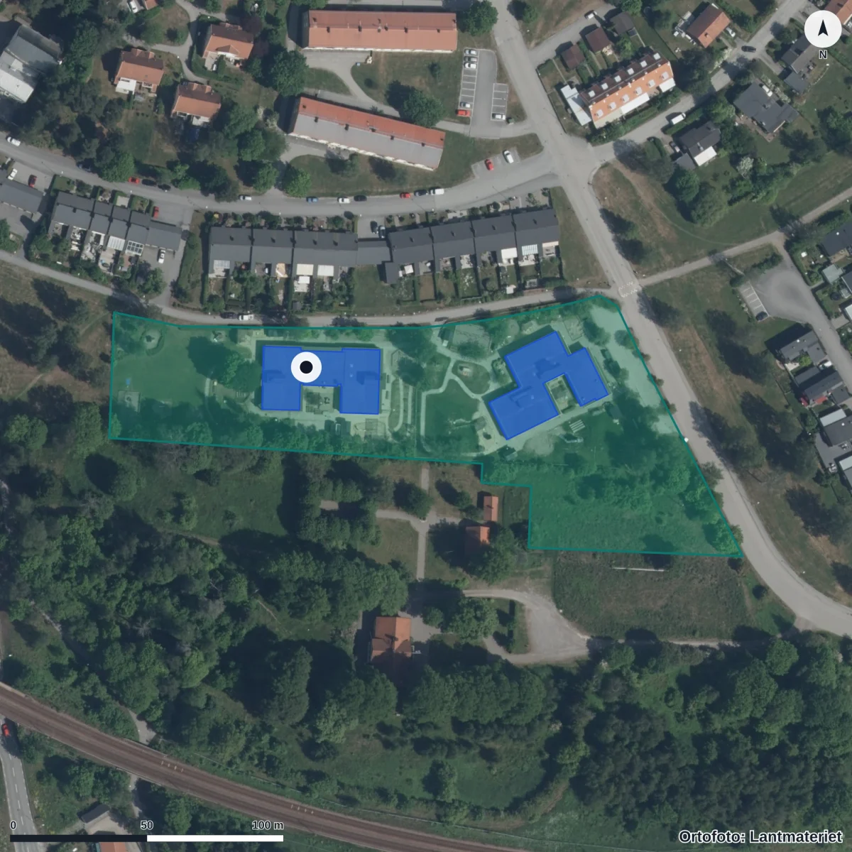 Aerial view of Hästhovens Förskola, orthophoto from Lantmäteriet