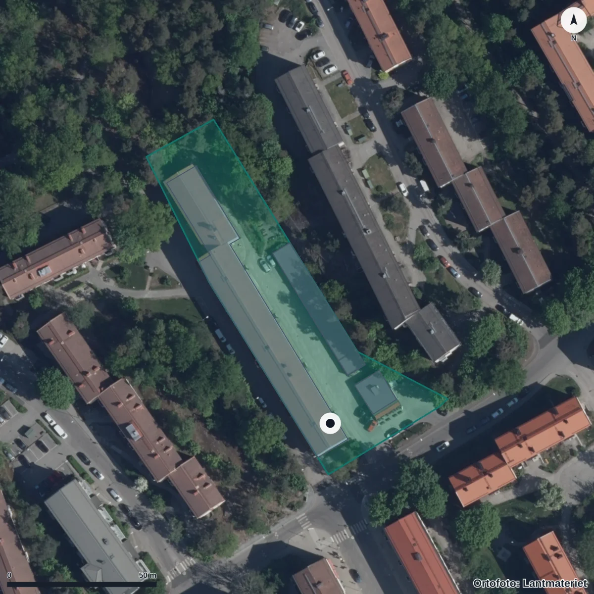 Flygbild över Förskolan Grodan, ortofoto från Lantmäteriet