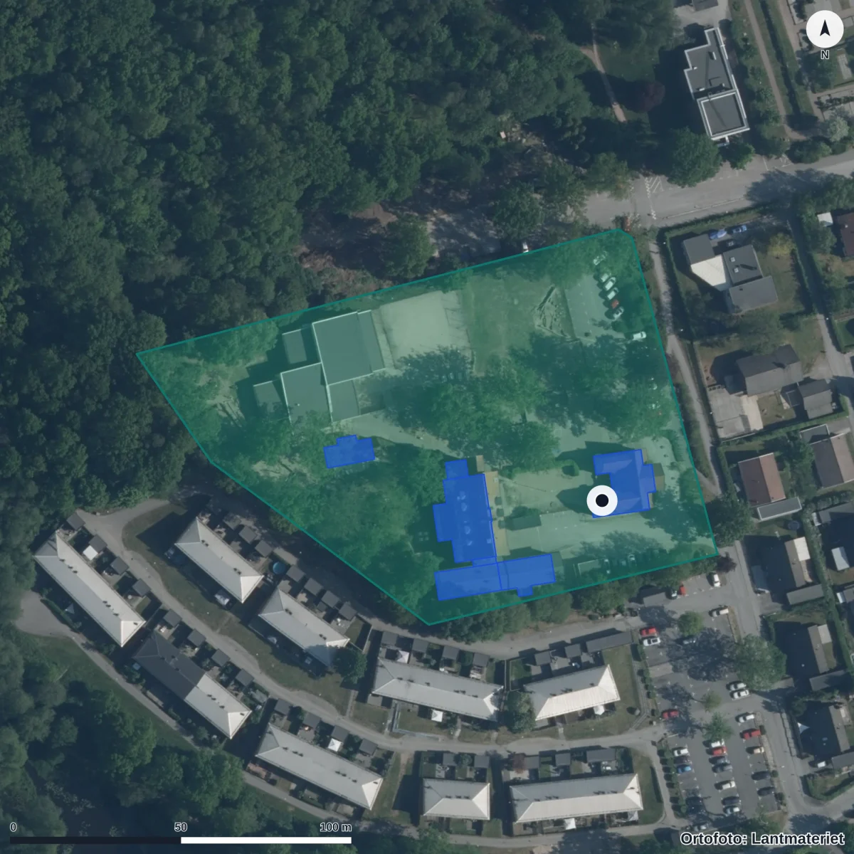 Flygbild över Kubelidens Montessoriförskola, Skola Och Fritidshe, ortofoto från Lantmäteriet