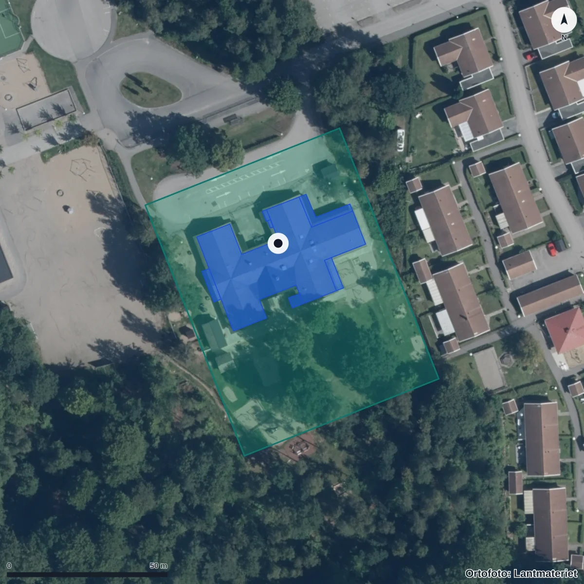 Flygbild över Jämshögs Förskola, ortofoto från Lantmäteriet