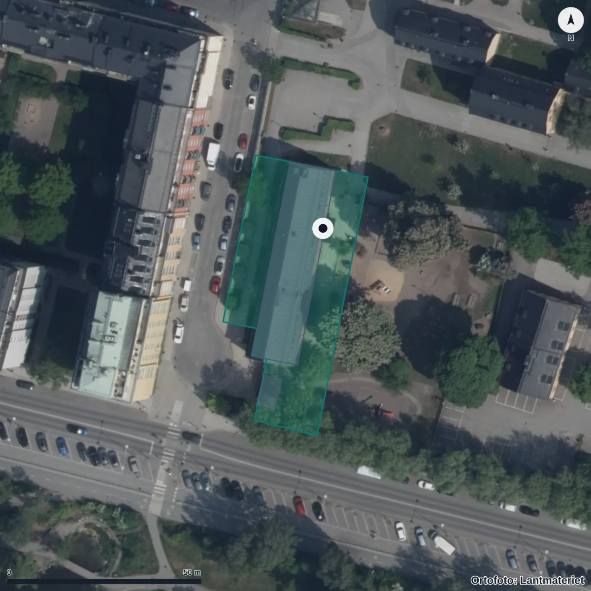 Flygbild över Förskolan Pilen, ortofoto från Lantmäteriet