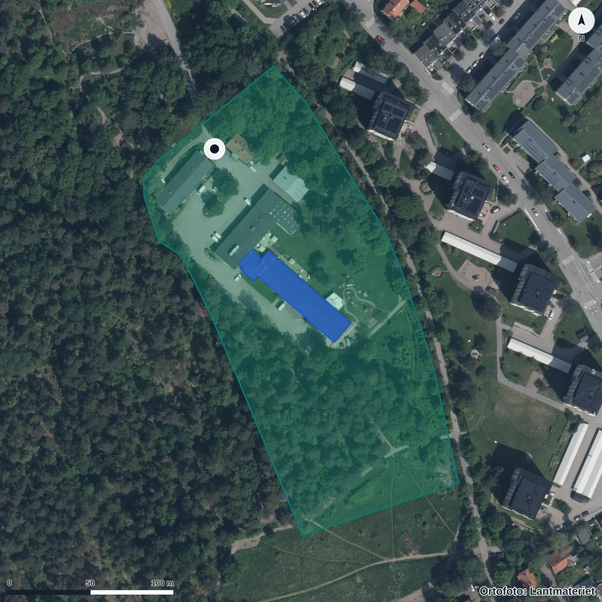 Flygbild över Glinets Förskola, ortofoto från Lantmäteriet