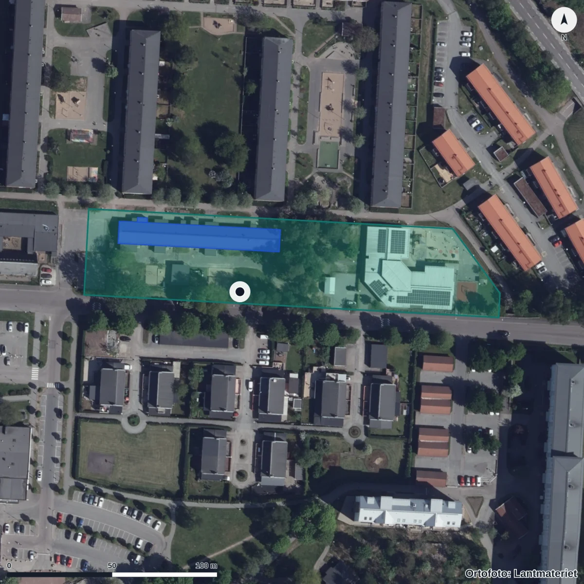 Flygbild över Marias Förskola, ortofoto från Lantmäteriet