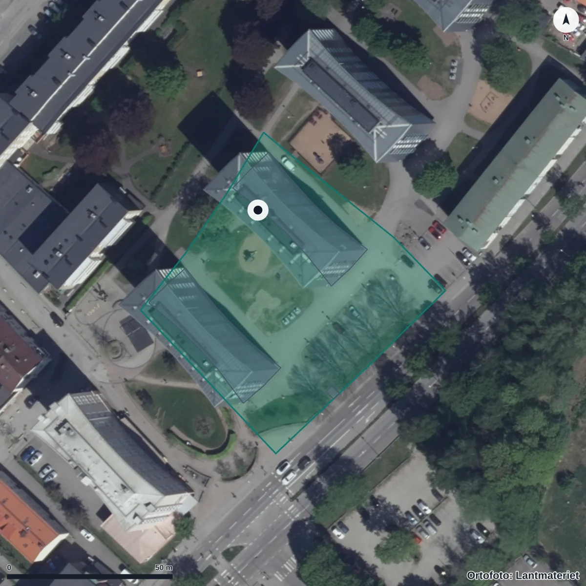Flygbild över Norrbyskolans Förskola, ortofoto från Lantmäteriet