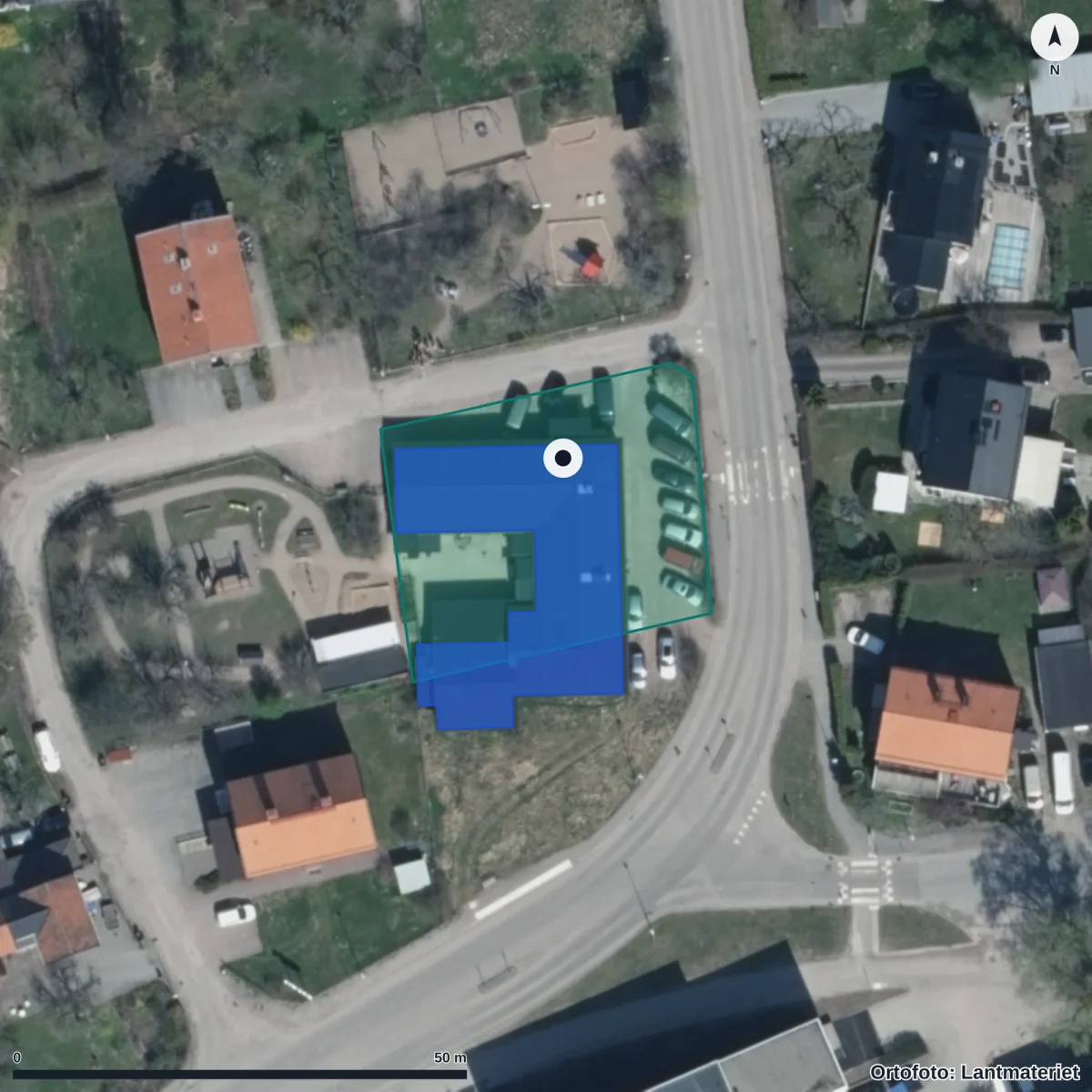 Flygbild över Kristiansborgs Förskola, ortofoto från Lantmäteriet