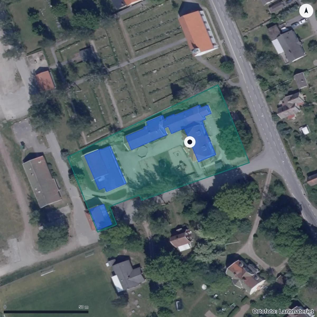 Flygbild över Gullabo Förskola, ortofoto från Lantmäteriet