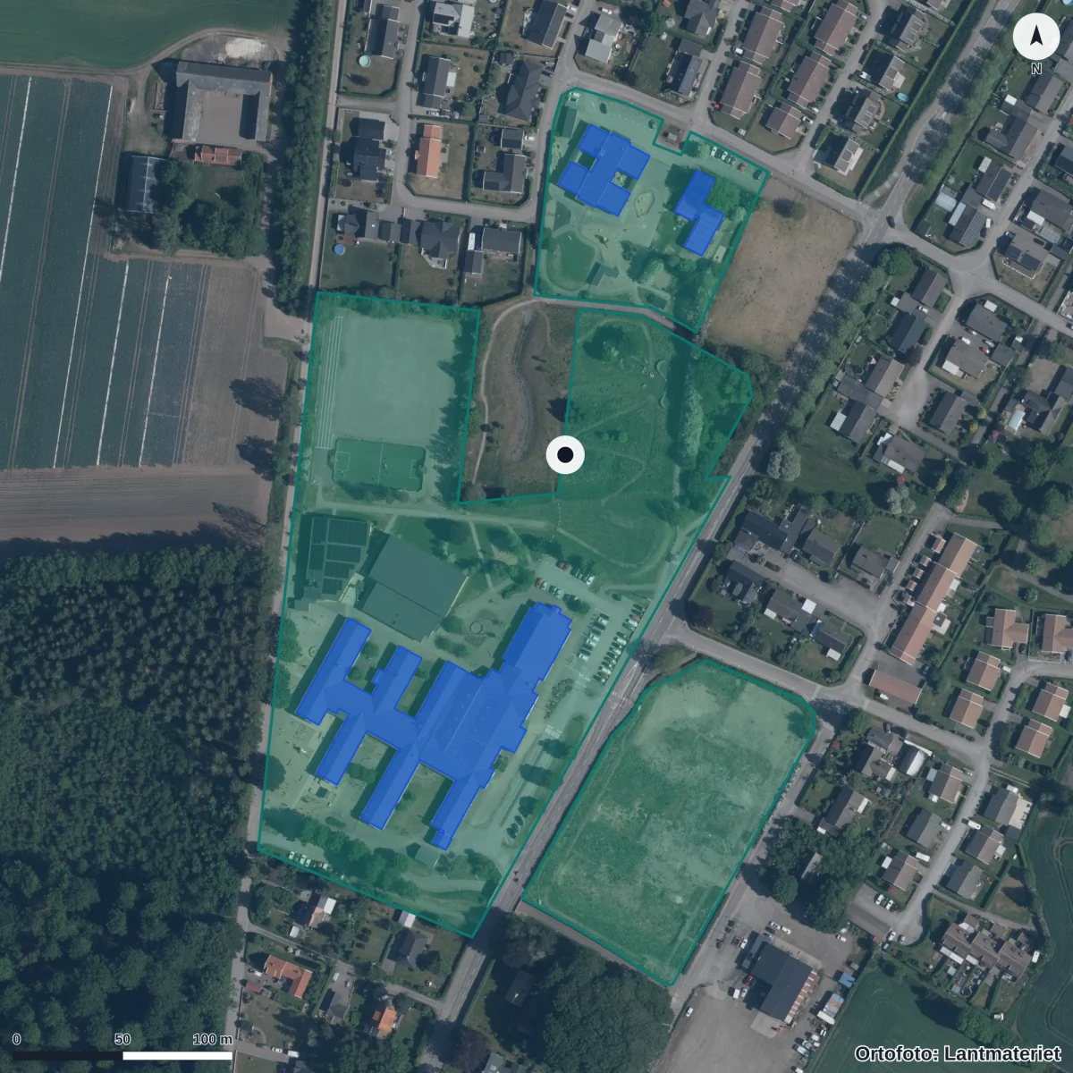 Flygbild över Förskolan Änglagård, ortofoto från Lantmäteriet