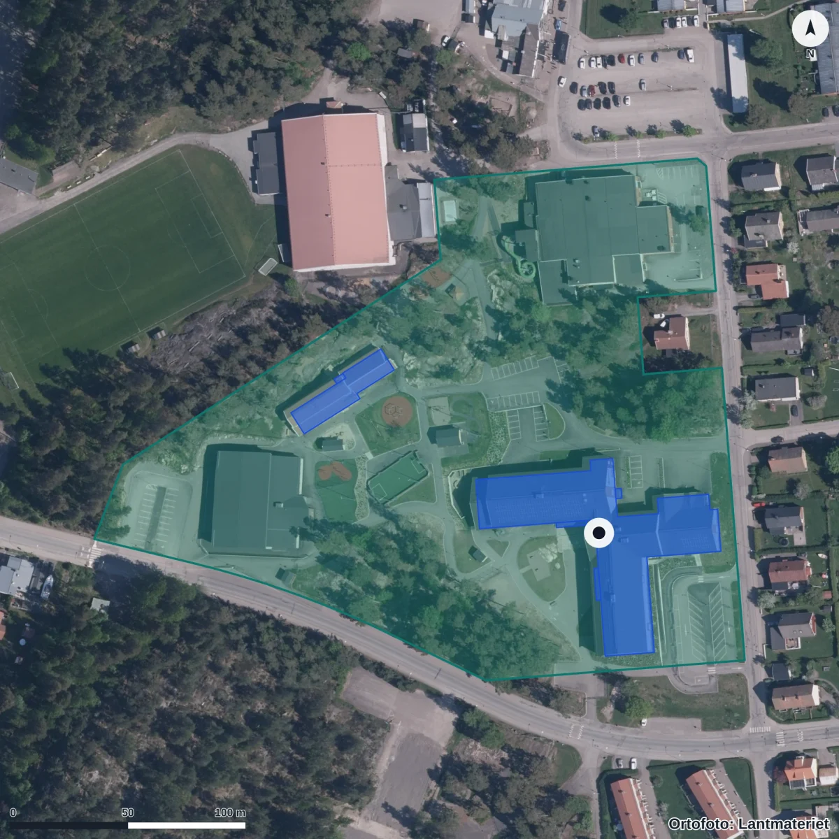 Aerial view of Rösparkens Förskola, orthophoto from Lantmäteriet