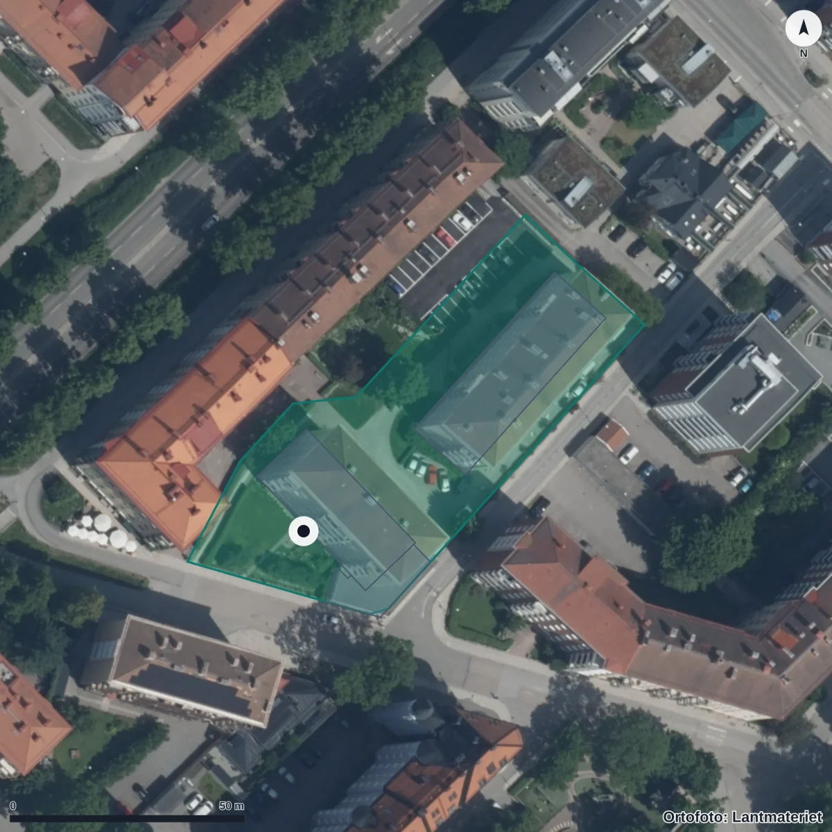 Flygbild över Plantans Förskola, ortofoto från Lantmäteriet