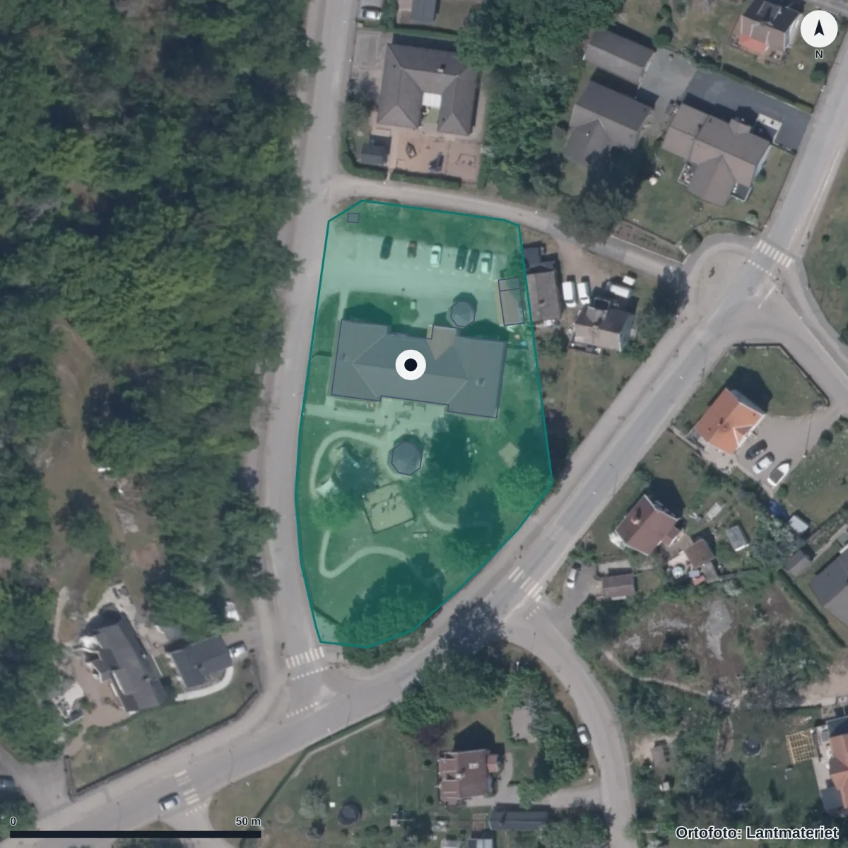 Flygbild över Ekorrens Förskola, ortofoto från Lantmäteriet