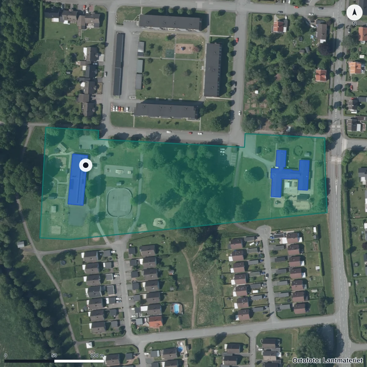 Flygbild över Savannens Förskola, ortofoto från Lantmäteriet
