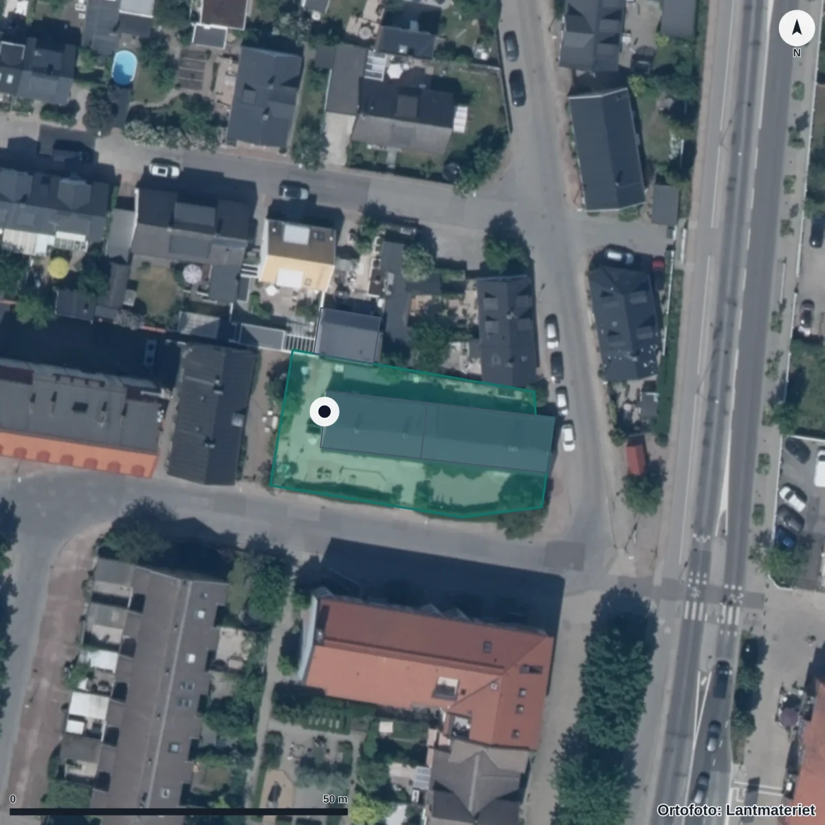 Flygbild över Tegnérs Förskola, ortofoto från Lantmäteriet