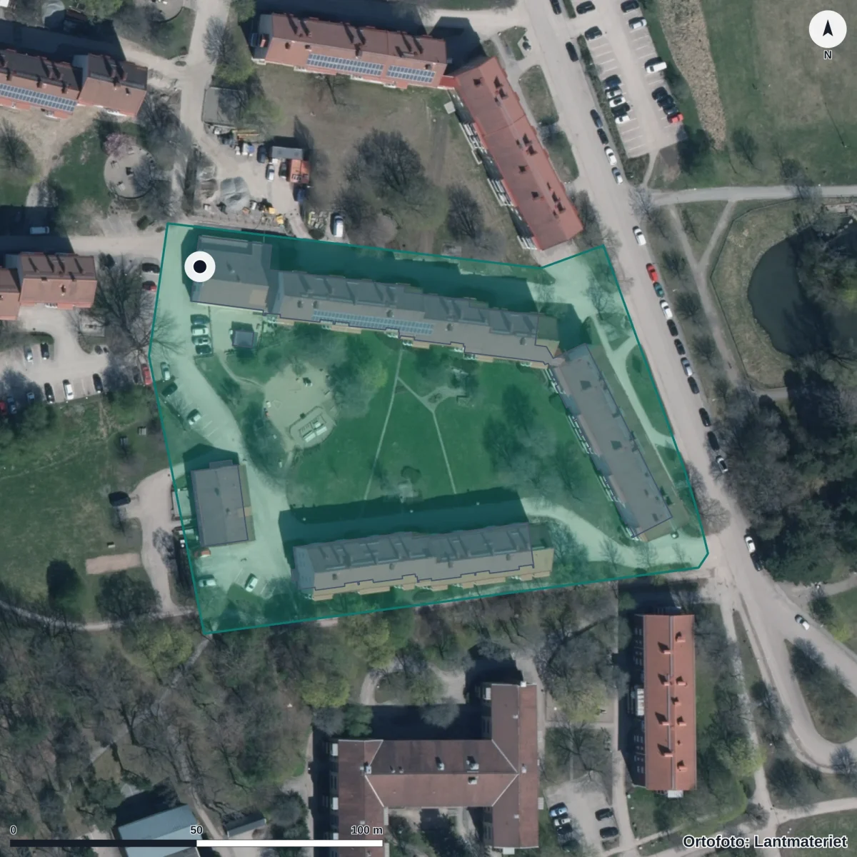 Flygbild över Brevduvans Förskola, ortofoto från Lantmäteriet