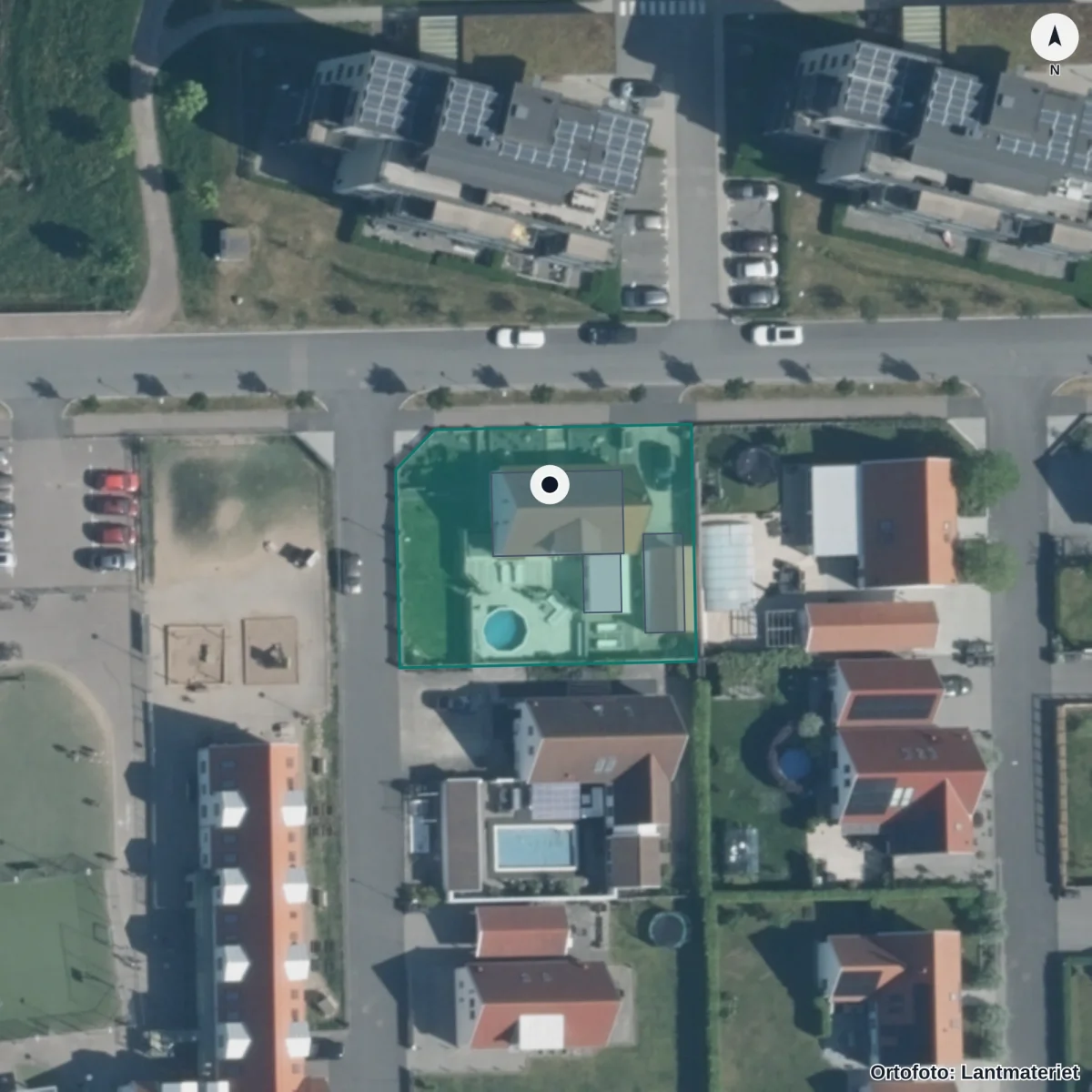 Flygbild över Dibber Rydebäck Förskola, ortofoto från Lantmäteriet