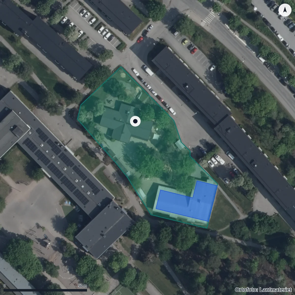Flygbild över Förskolan Triangeln, ortofoto från Lantmäteriet