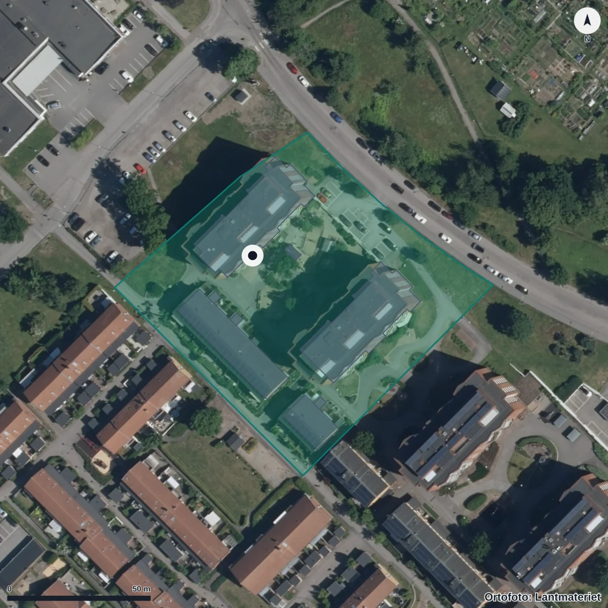 Aerial view of Sprattelgubbens Förskola, orthophoto from Lantmäteriet