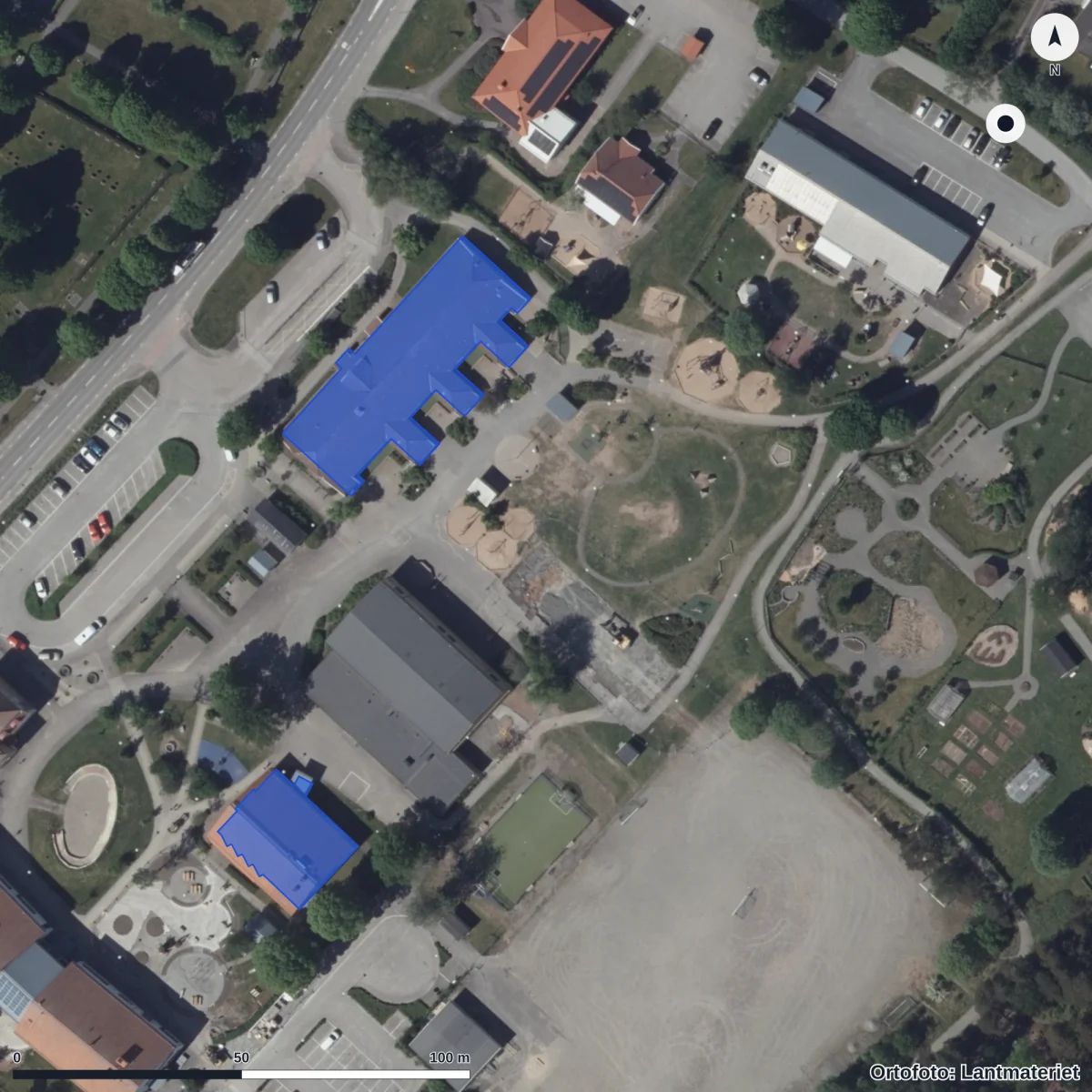 Aerial view of Förskolan Fisken, orthophoto from Lantmäteriet