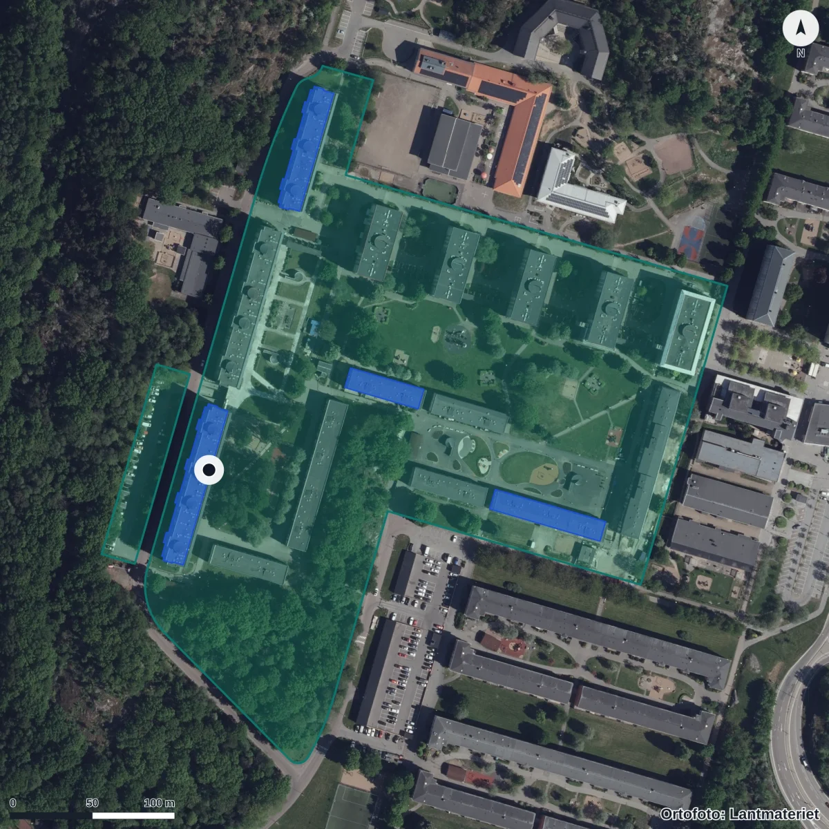 Aerial view of Förskolan Ljuset, orthophoto from Lantmäteriet