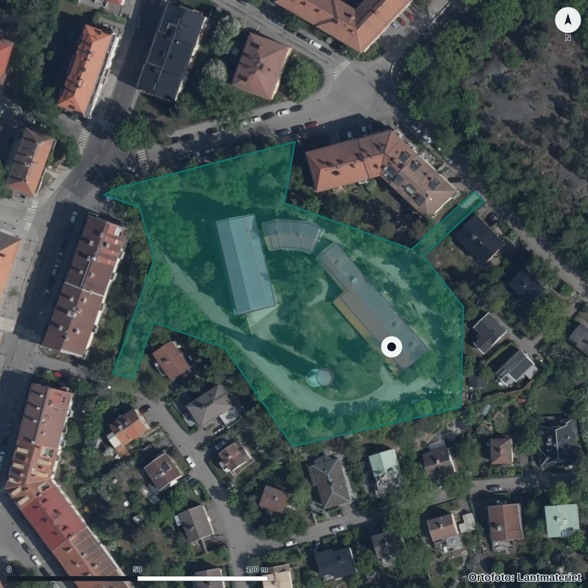 Flygbild över Förskolan Spaden, ortofoto från Lantmäteriet
