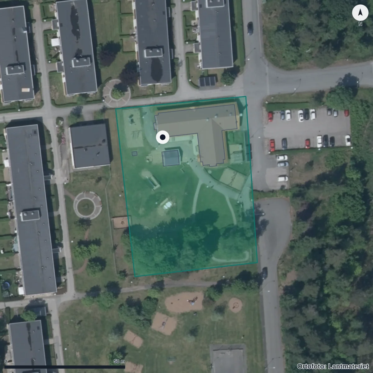 Flygbild över Norrbodas Förskola, ortofoto från Lantmäteriet