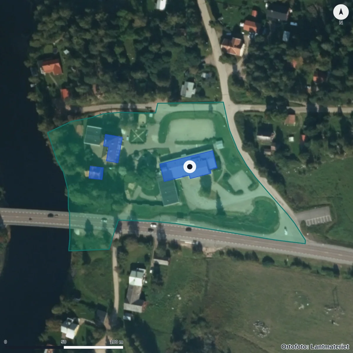 Flygbild över Sörängs Förskola, ortofoto från Lantmäteriet