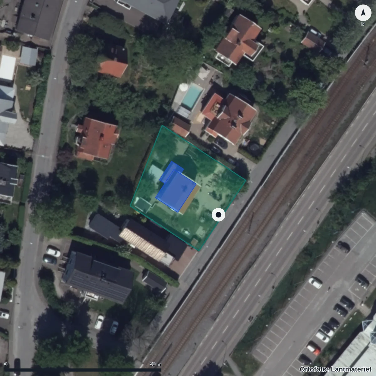 Flygbild över Villa Villekulla, ortofoto från Lantmäteriet
