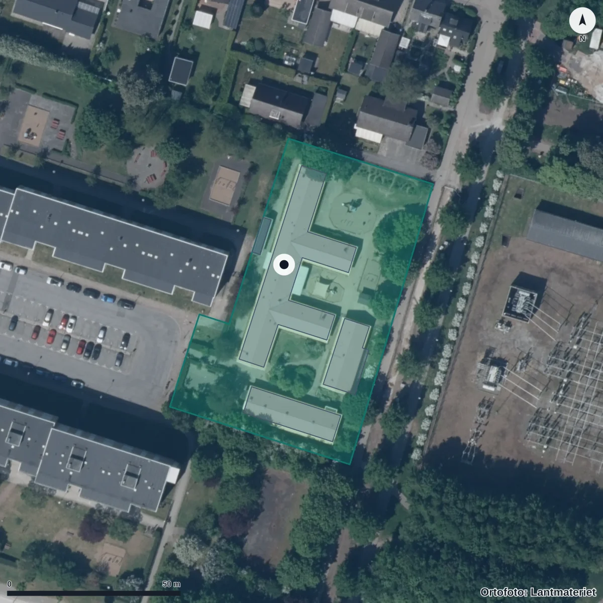 Flygbild över Tornfalkens Förskola, ortofoto från Lantmäteriet
