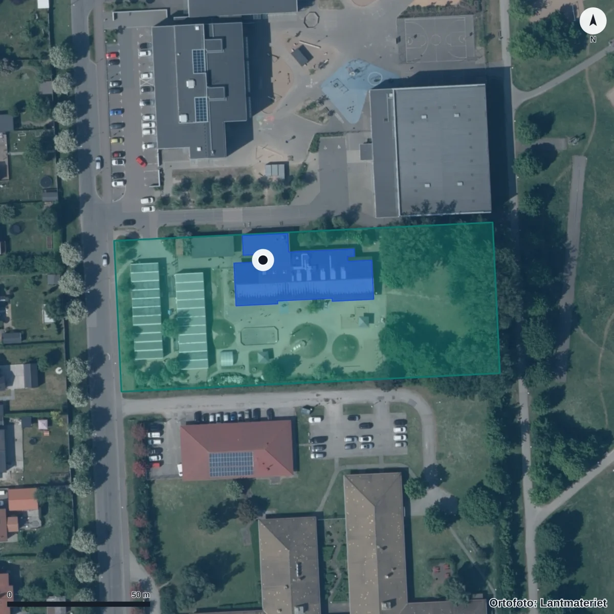 Flygbild över Havrens Förskola, ortofoto från Lantmäteriet