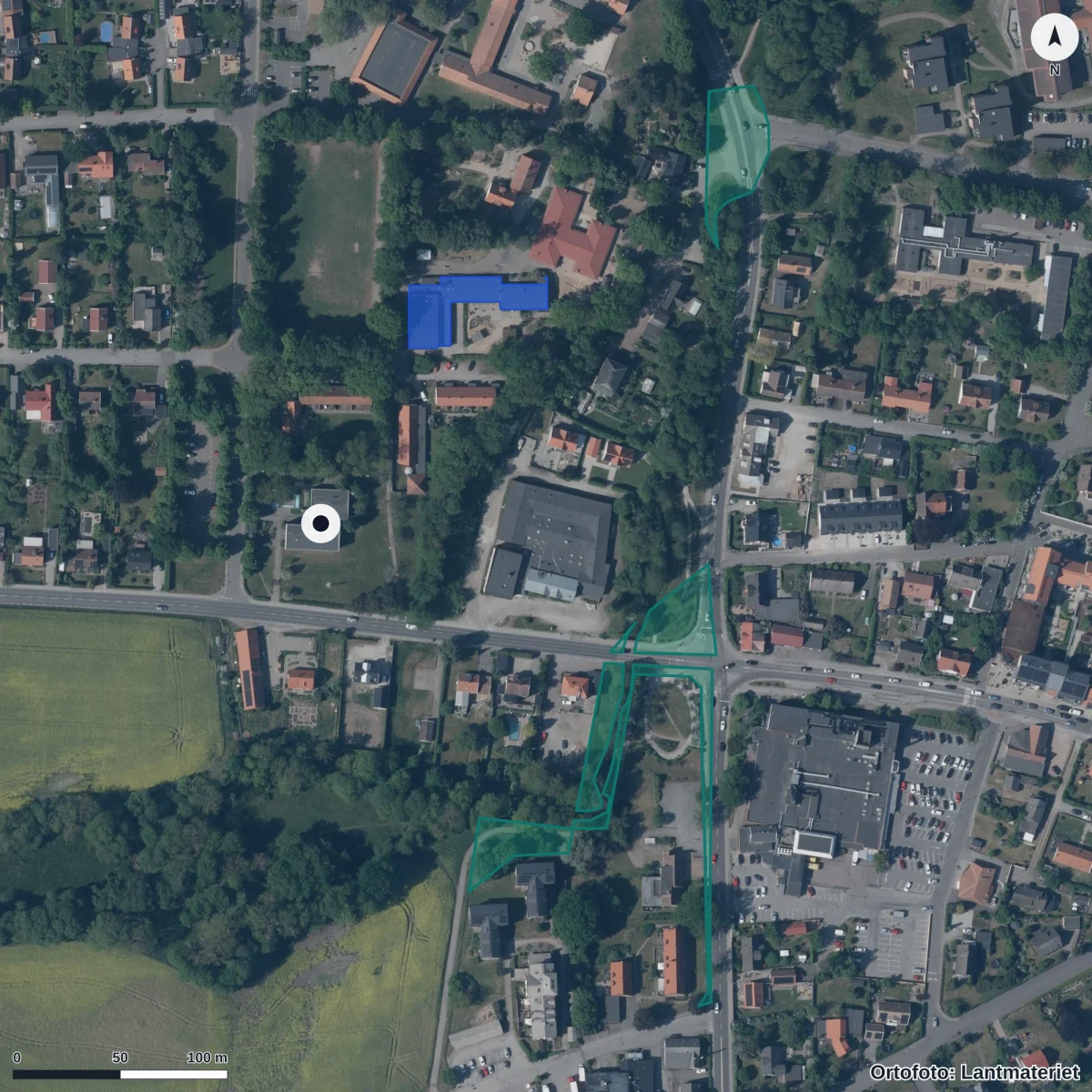 Flygbild över Lantställets Förskola, ortofoto från Lantmäteriet