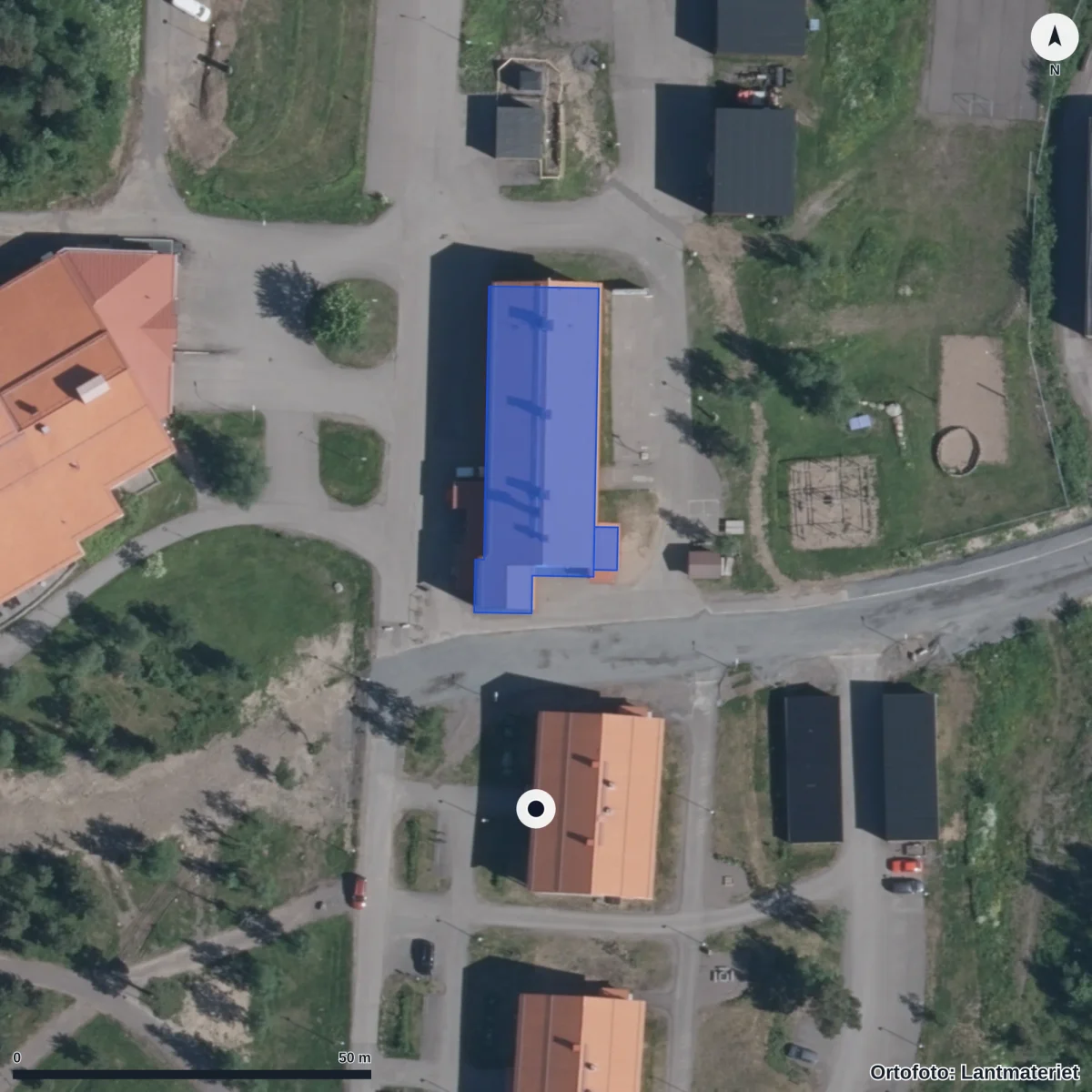 Flygbild över Fjällets Förskola, ortofoto från Lantmäteriet