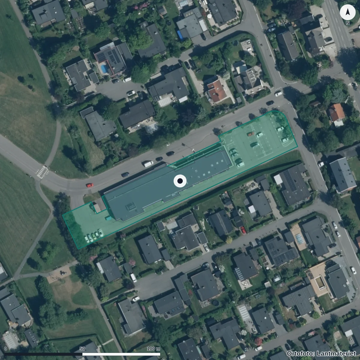 Flygbild över Rydebäcks Förskola Norlandia, ortofoto från Lantmäteriet