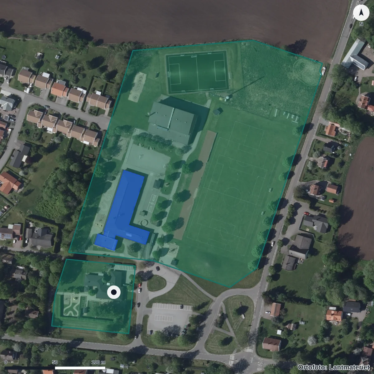 Flygbild över Förskolan Lindängen, ortofoto från Lantmäteriet
