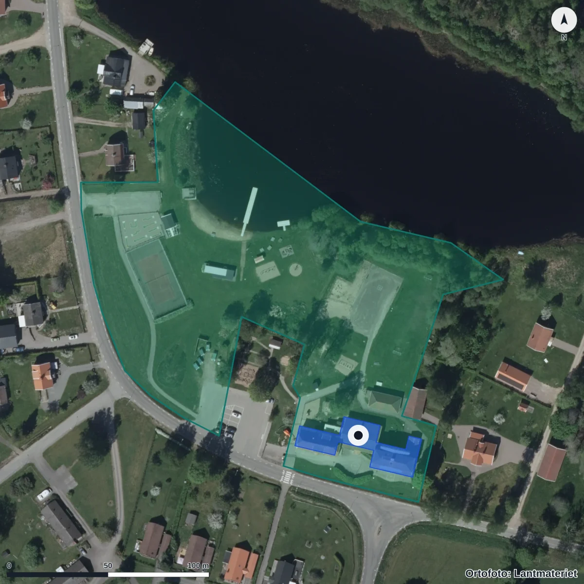 Aerial view of Förskolan Fröjered, orthophoto from Lantmäteriet