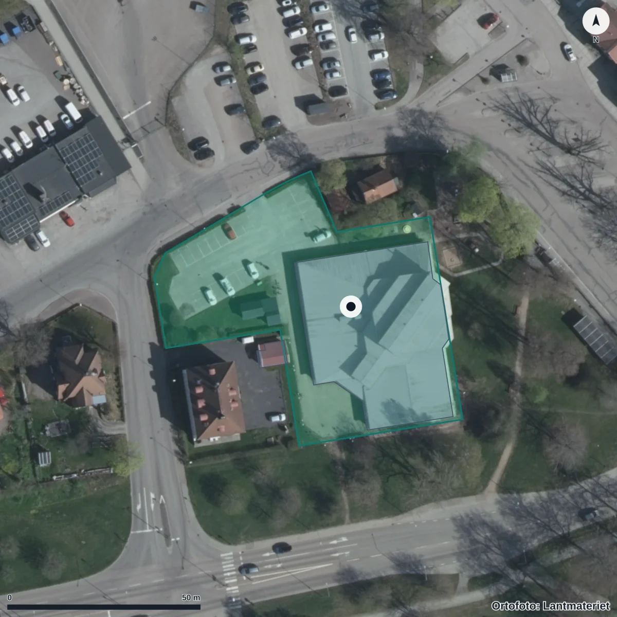Flygbild över Förskolan Lustgården, ortofoto från Lantmäteriet
