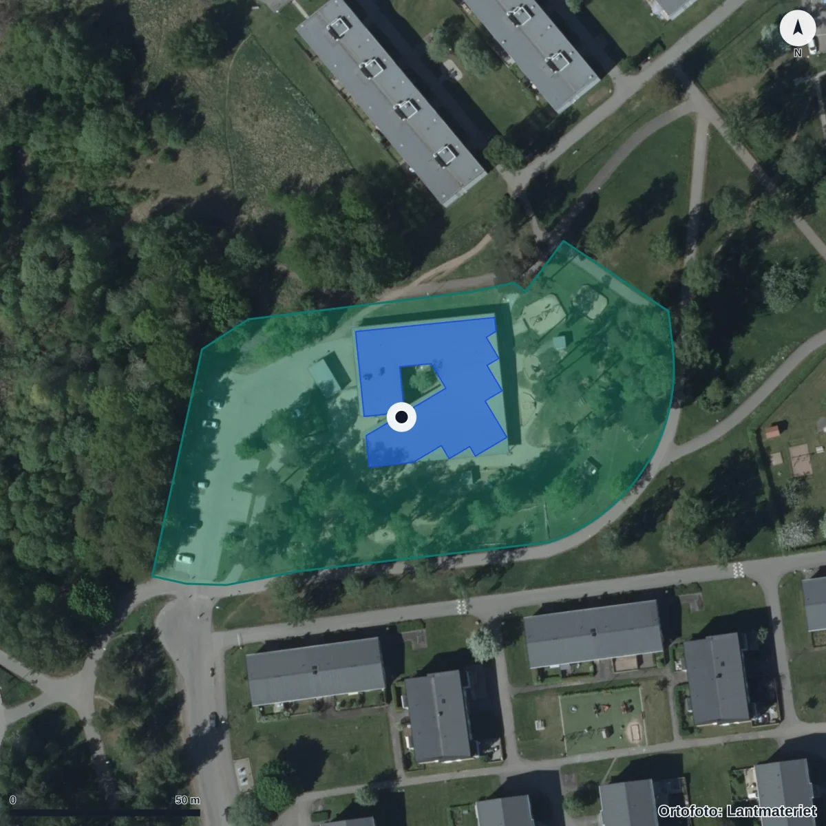 Aerial view of Rosenhaga Förskola, orthophoto from Lantmäteriet