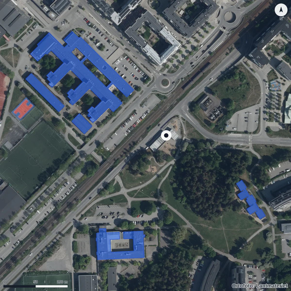 Flygbild över Nytorps Förskola, ortofoto från Lantmäteriet
