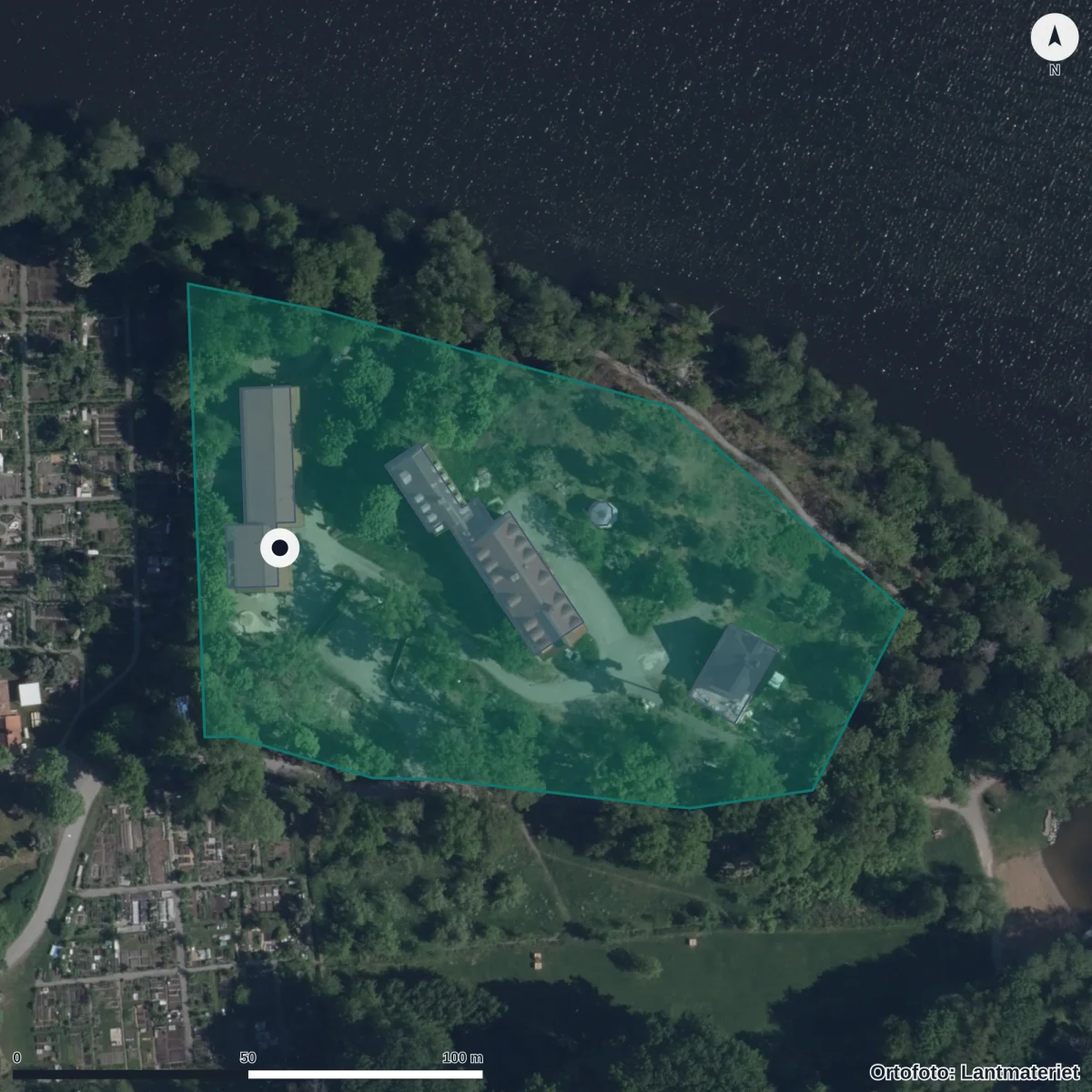 Flygbild över Förskolan Blå Grodan Föräldrakooperativet, ortofoto från Lantmäteriet