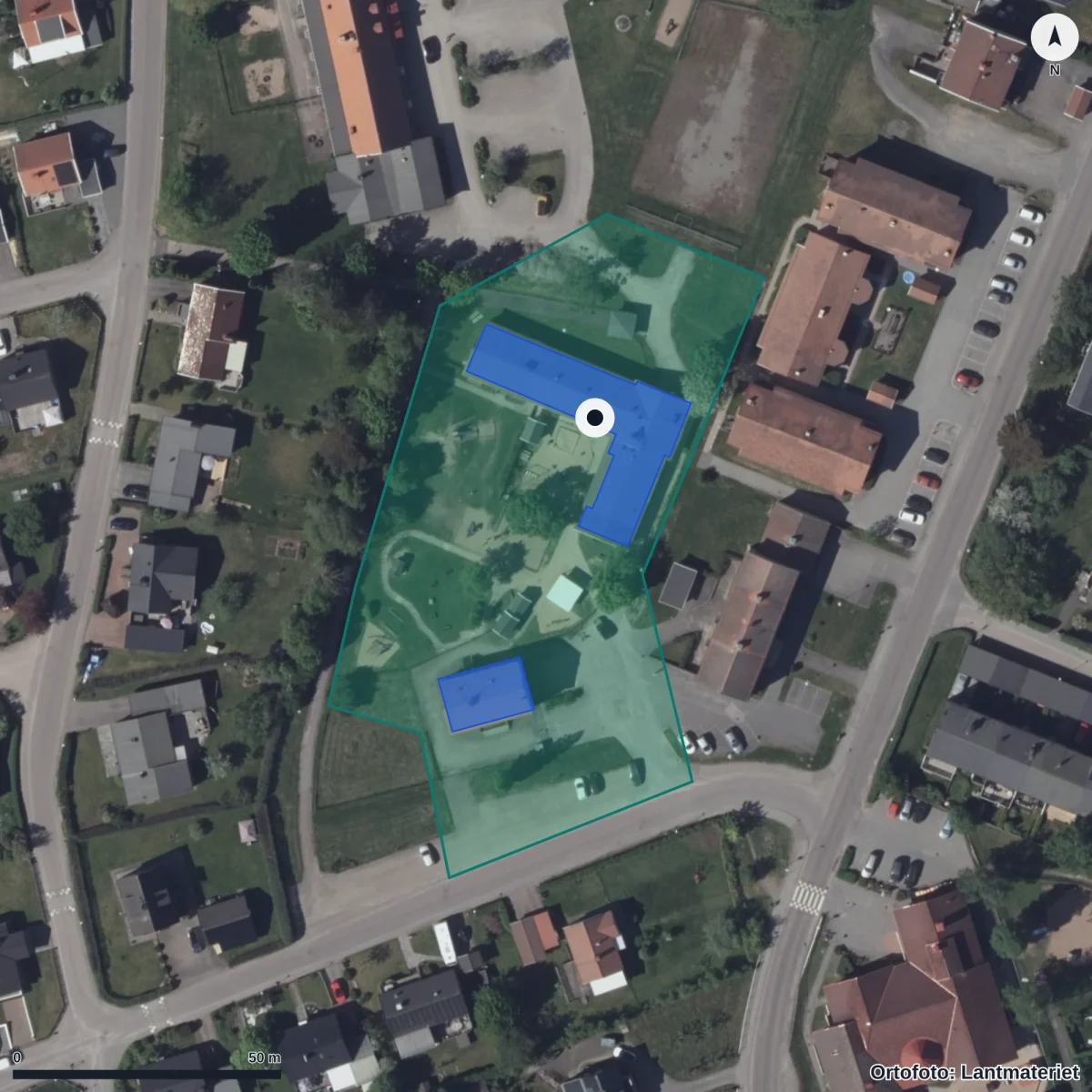 Flygbild över Fågelkärrs Förskola, ortofoto från Lantmäteriet