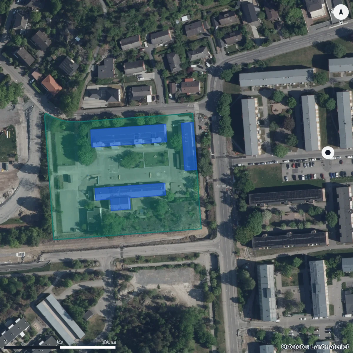 Flygbild över Förskolan Sakina-rönnholmen, ortofoto från Lantmäteriet