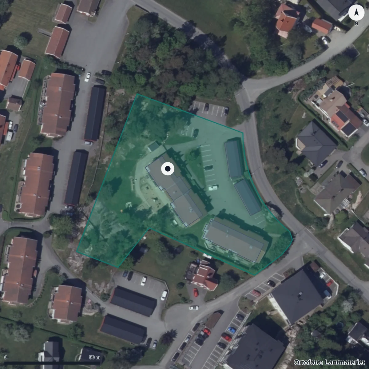 Flygbild över Ramdalens Förskola, ortofoto från Lantmäteriet