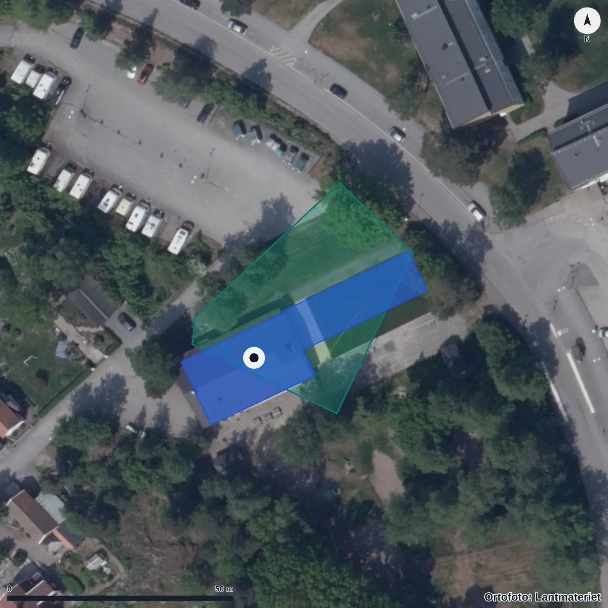 Flygbild över Frösängs Förskola, ortofoto från Lantmäteriet