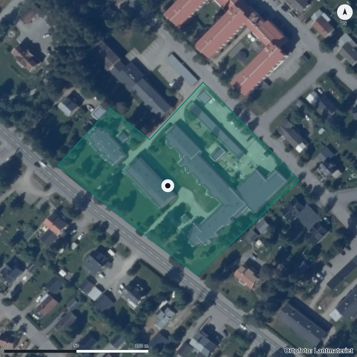 Flygbild över Sagobackens Förskola, ortofoto från Lantmäteriet