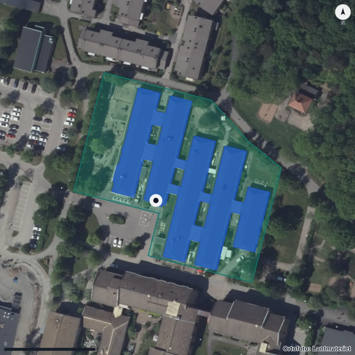 Aerial view of Apelsinen Förskola, orthophoto from Lantmäteriet