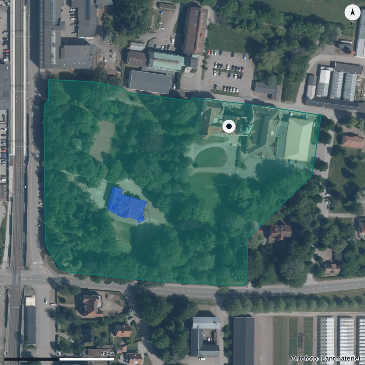 Flygbild över Svalövs Montessoriförskola, ortofoto från Lantmäteriet