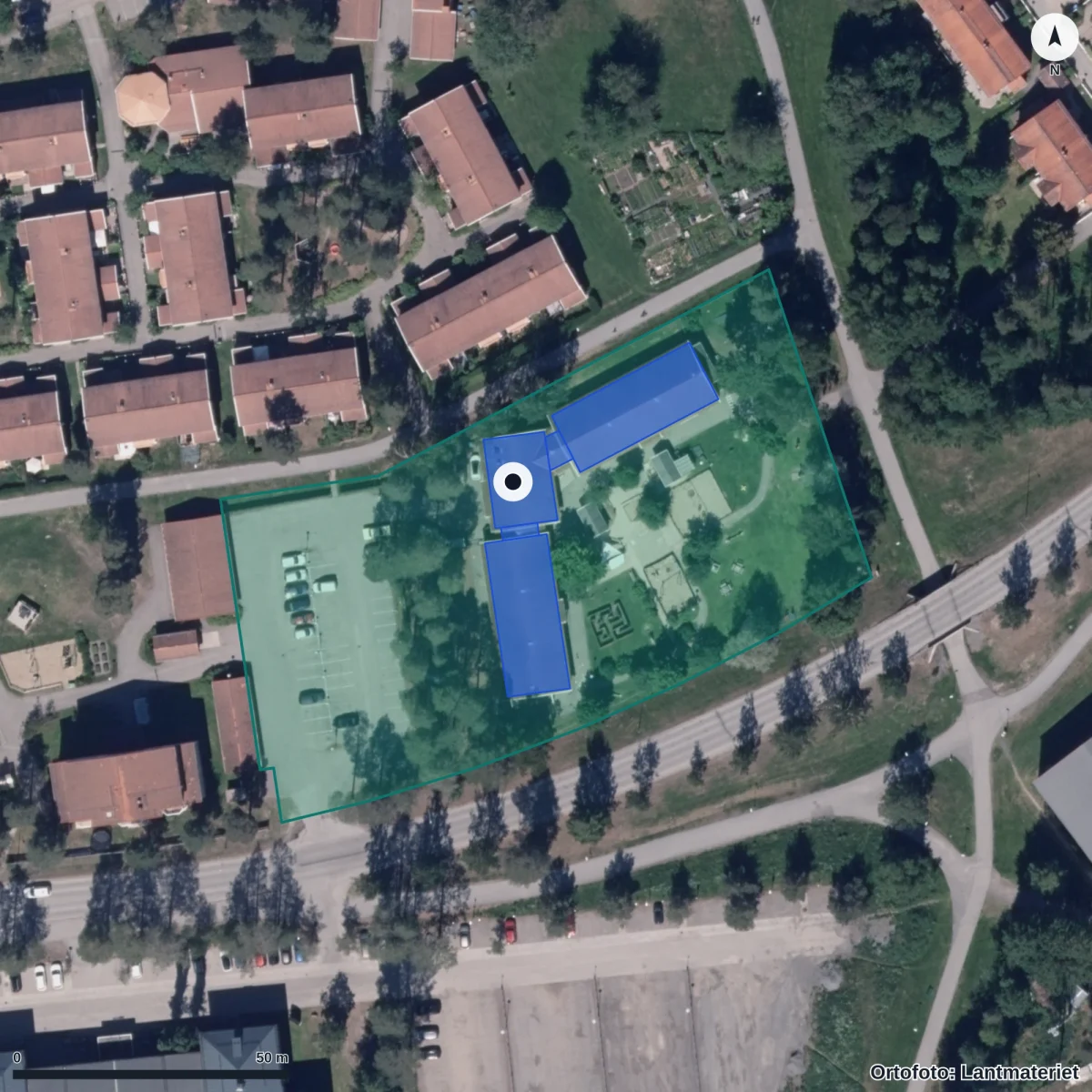 Aerial view of Förskolan Biskopen, orthophoto from Lantmäteriet