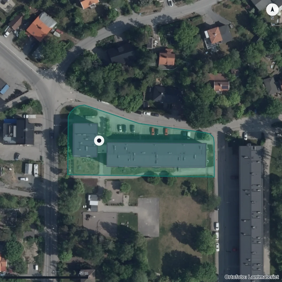 Flygbild över I Ur Och Skur Skogsängen, ortofoto från Lantmäteriet