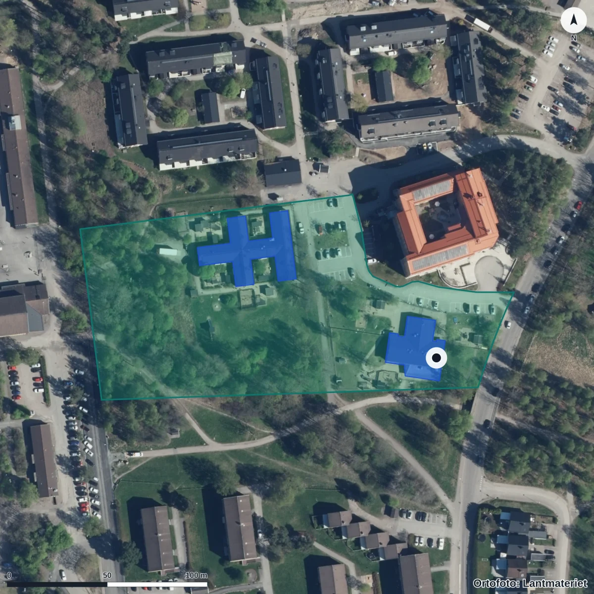 Flygbild över Förskolan Jungfrun, ortofoto från Lantmäteriet