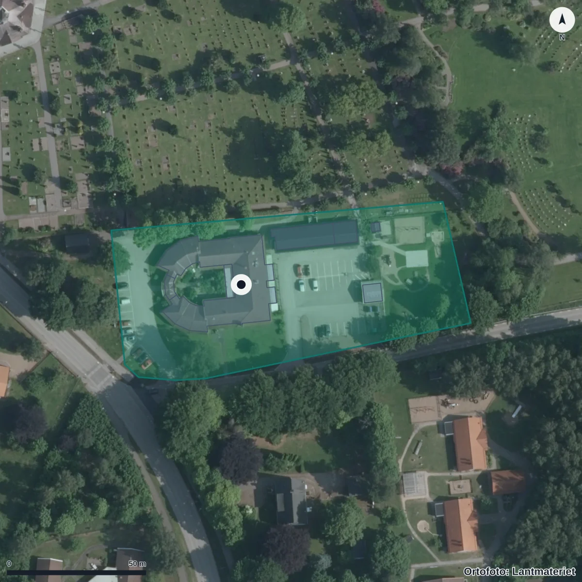 Flygbild över Kyrkdalens Förskola, ortofoto från Lantmäteriet