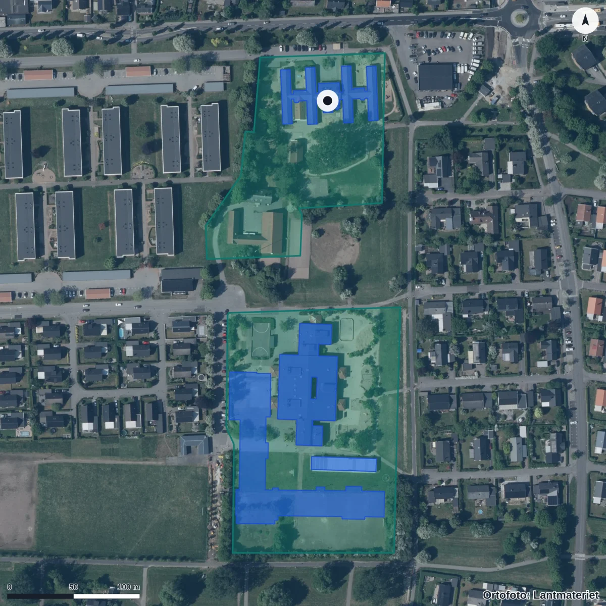 Flygbild över Staffanstorps Montessoriförening, ortofoto från Lantmäteriet